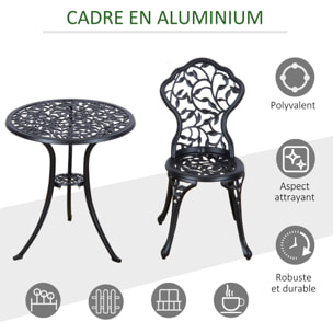Ensemble salon de jardin 2 places avec table ronde style rétro fonte alu noir