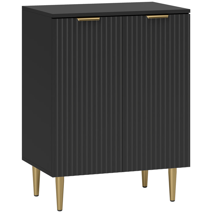 Buffet 2 portes étagère design effet cannelé piètement poignées métal doré noir