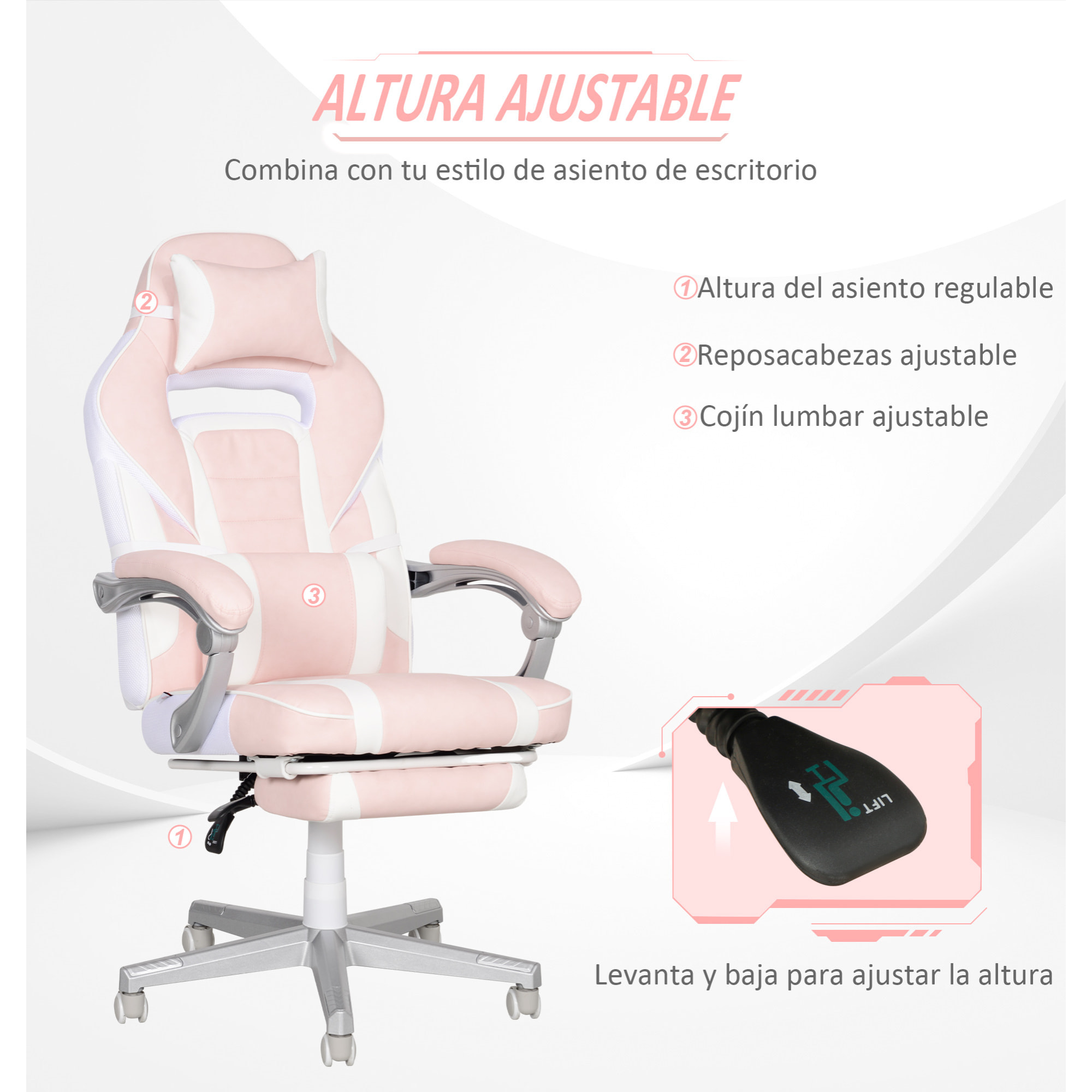 Silla Gaming Silla Gamer Reclinable con Altura Ajustable Reposapiés Retráctil Soporte Lumbar y Reposacabezas Desmontable Silla para Oficina Estudio Rosa