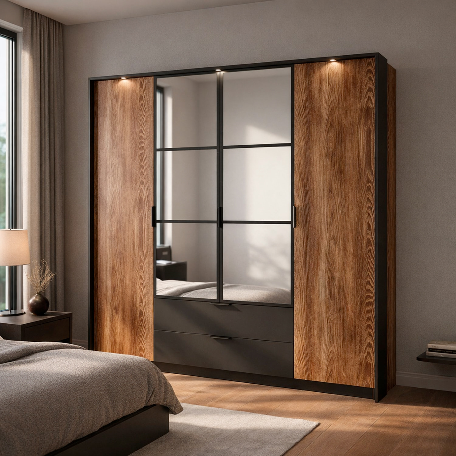 Armadio Guardaroba 4 Ante Con Specchi E 2 Cassetti Per Camera Da Letto 9 Ripiani E Tubo Appendiabiti Moderno 223.2 x 210 x 59 Cm Castagno E Antracite
