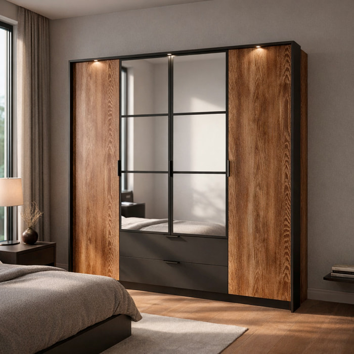 Armadio Guardaroba 4 Ante Con Specchi E 2 Cassetti Per Camera Da Letto 9 Ripiani E Tubo Appendiabiti Moderno 223.2 x 210 x 59 Cm Castagno E Antracite