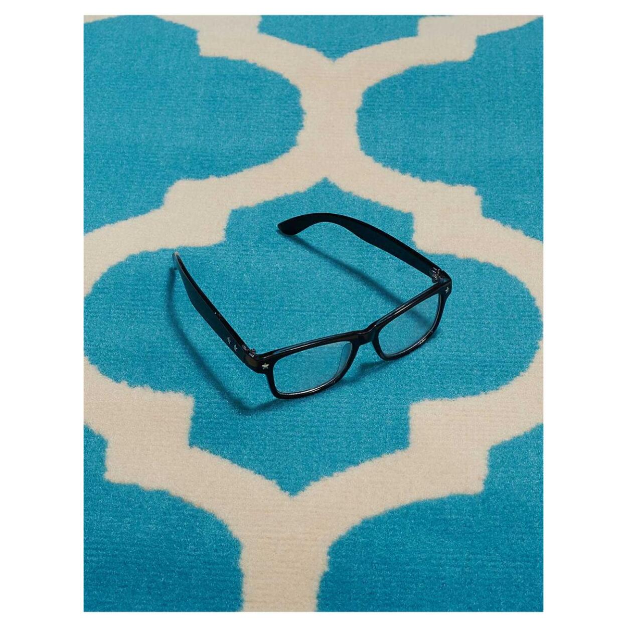 Petit tapis Begja bleu et blanc motif géométrique