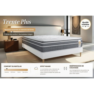 Ensemble Matelas Trente PLUS - 30cm - Hybride - Effet nuage avec surmatelas intégré - Sommier kit Blanc
