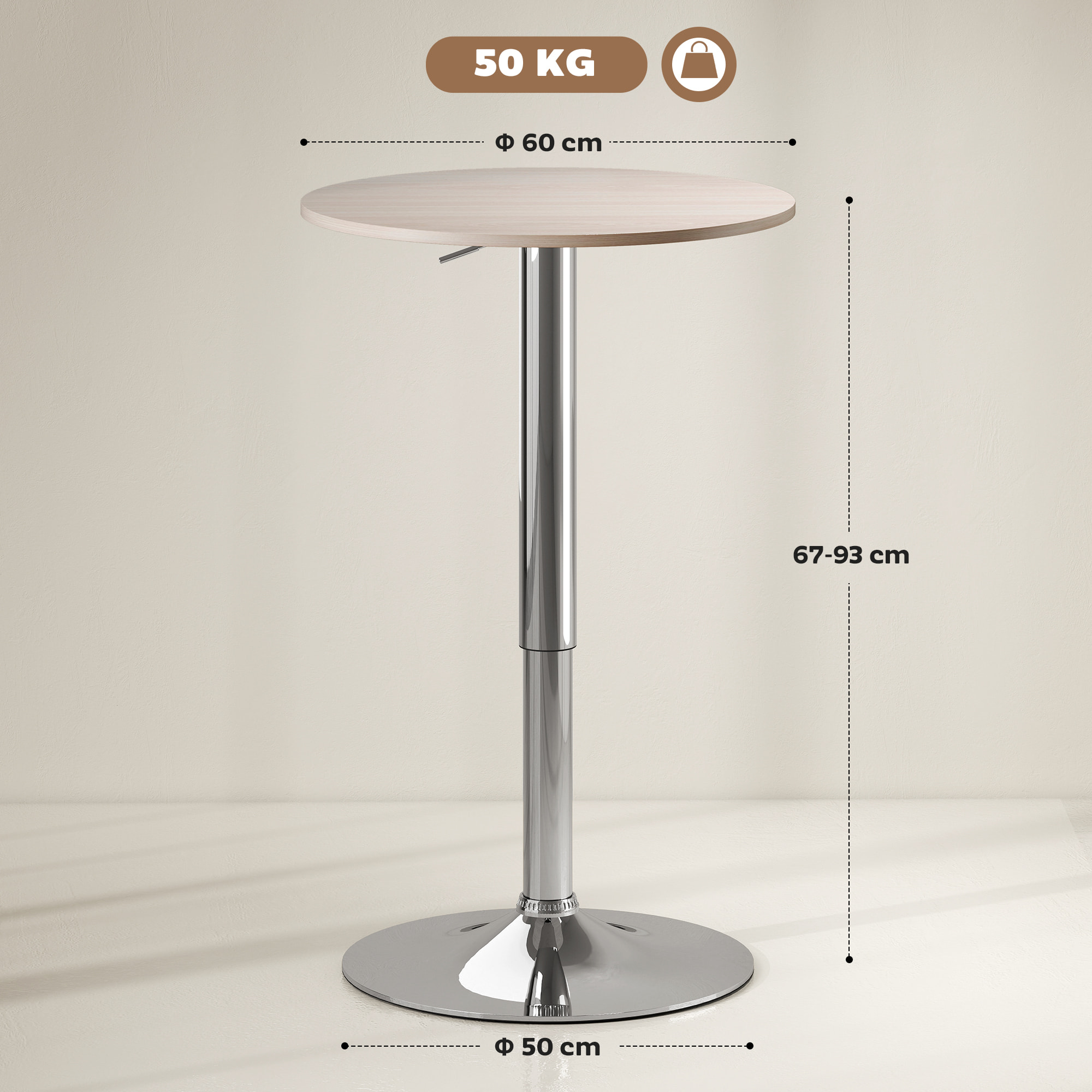 Mesa de Bar Redonda Ajustable en Altura 67-93 cm, Mesa Alta de Bar, Tablero Ø60 cm y Giratorio 360°, con Base Redonda de Metal Cromado, para Bistró, Cocina Comedor, Madera Natural