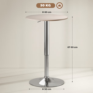 Mesa de Bar Redonda Ajustable en Altura 67-93 cm, Mesa Alta de Bar, Tablero Ø60 cm y Giratorio 360°, con Base Redonda de Metal Cromado, para Bistró, Cocina Comedor, Madera Natural