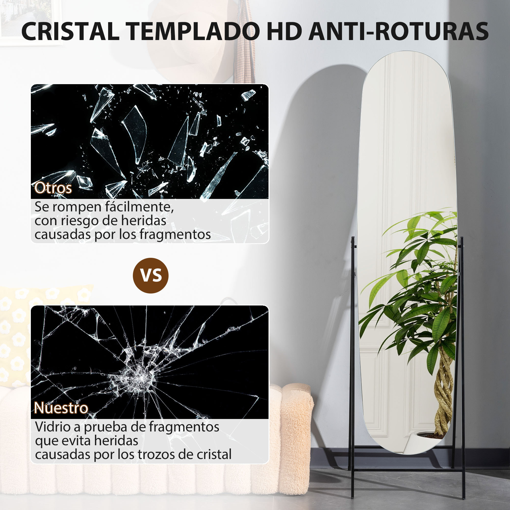 Espejo de Cuerpo Entero Arqueado 160x40 cm, Espejo de Pie o Apoyado en la Pared, sin Marco, Soporte de Metal, para Salón, Dormitorio, Vestidor y Entrada, Negro