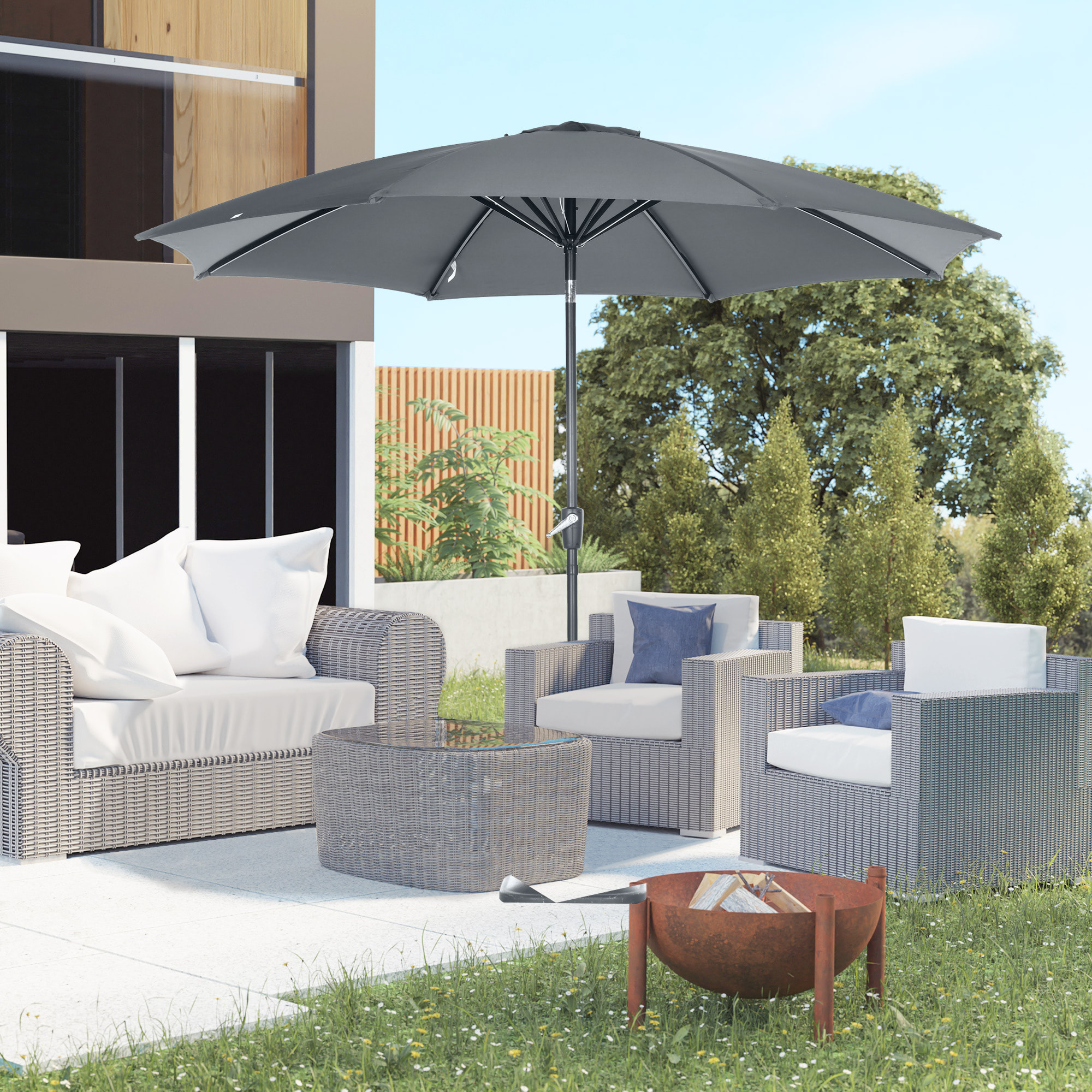 Sombrilla de Jardín Ø300x240 cm Parasol de Terraza con Manivela Techo Inclinable y 8 Varillas de Metal para Patio Balcón Exterior Gris