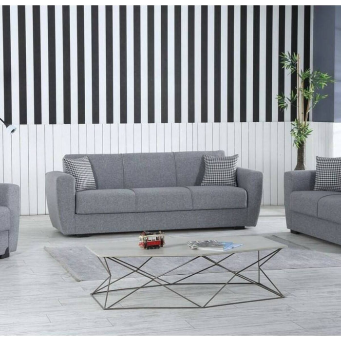 Divano letto Escobar, Divano letto contenitore a 3 posti lineare, Sofà da soggiorno in tessuto imbottito con apertura click-clack, 223x84xh80 cm, Grigio