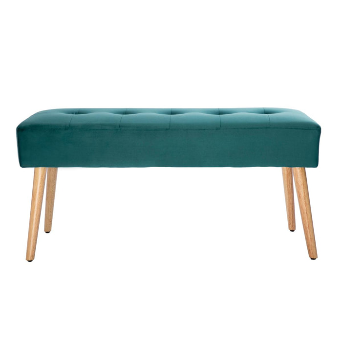 Banc scandinave capitonné en tissu velours bleu pétrole et bois clair L95 cm GUESTA