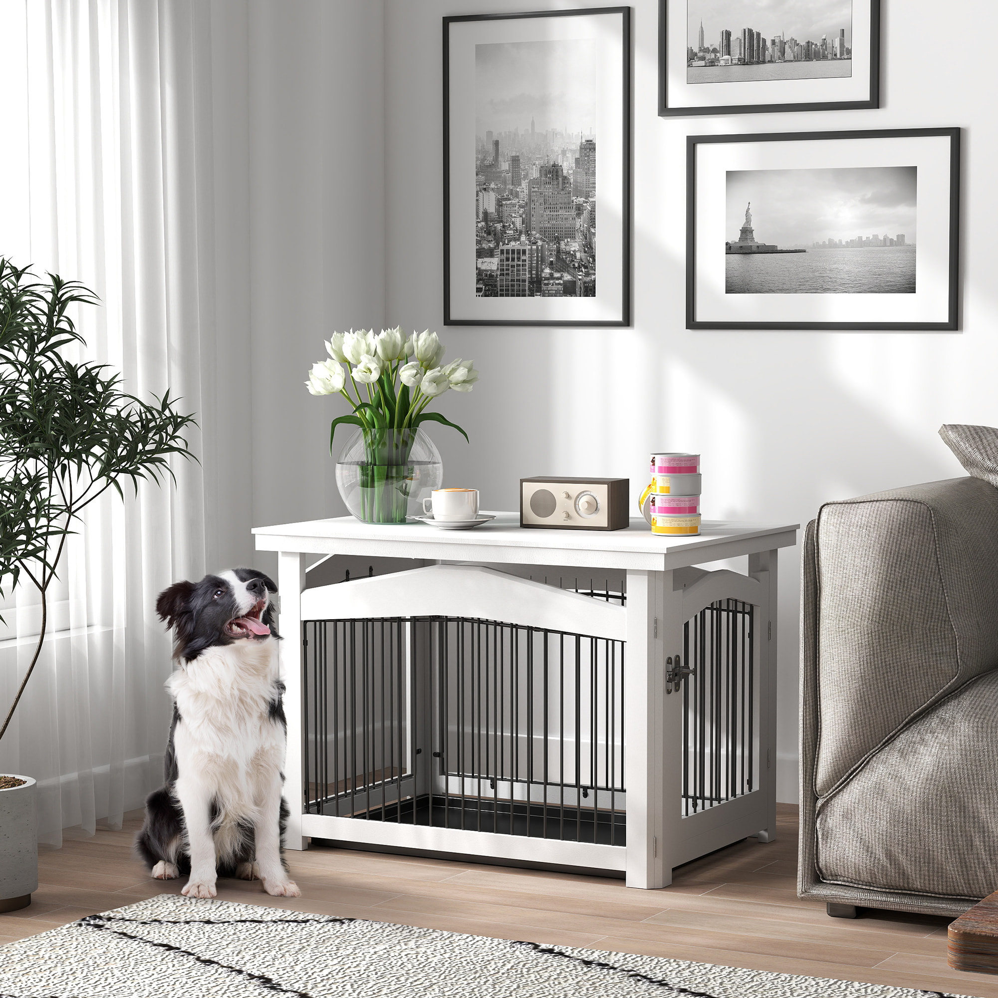 Cage barrière chien table basse d'appoint 3 en 1 plateau déjection amovible porte verrouillable acier MDF noir blanc