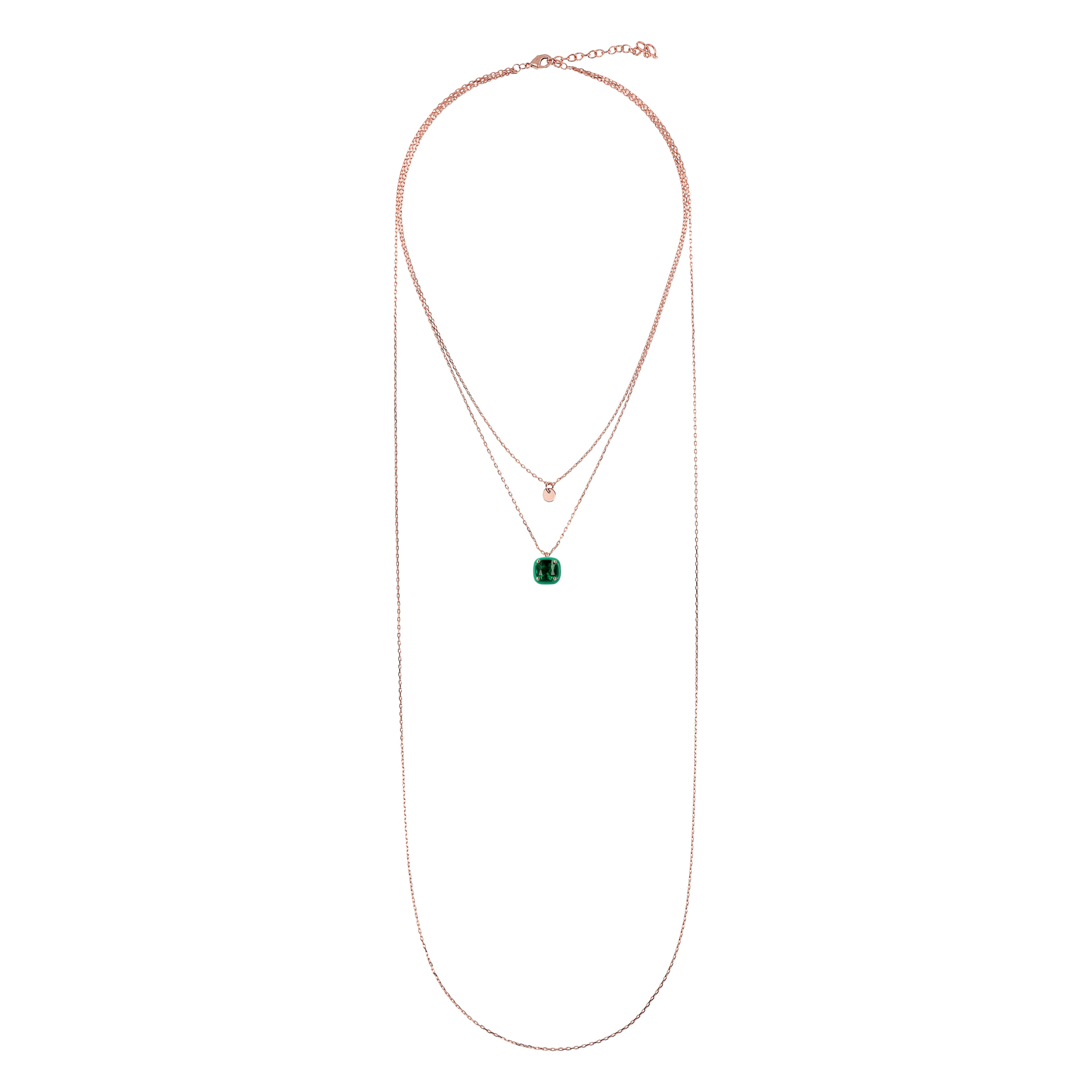 Collana Multifilo Catena Forzatina con Disco e Pendente Smaltato Verde con Cubic Zirconia Quadrata