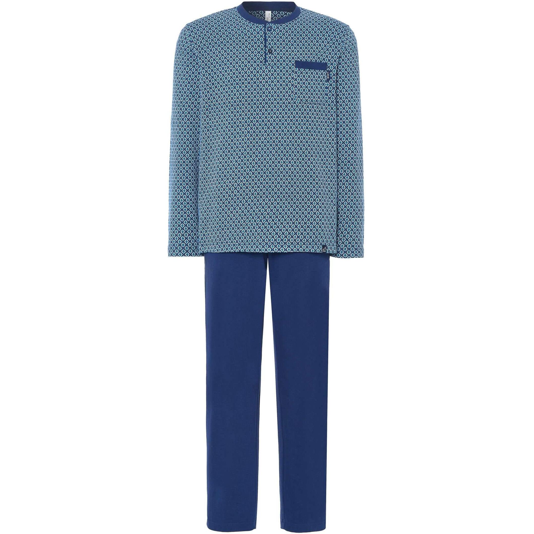 Pijama hombre, Jacquard de diseño geométrico, escote con abertura de botones, manga larga y pantalón largo liso