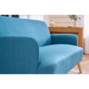 Canapé scandinave 2 places en tissu bleu canard et bois clair ISKO