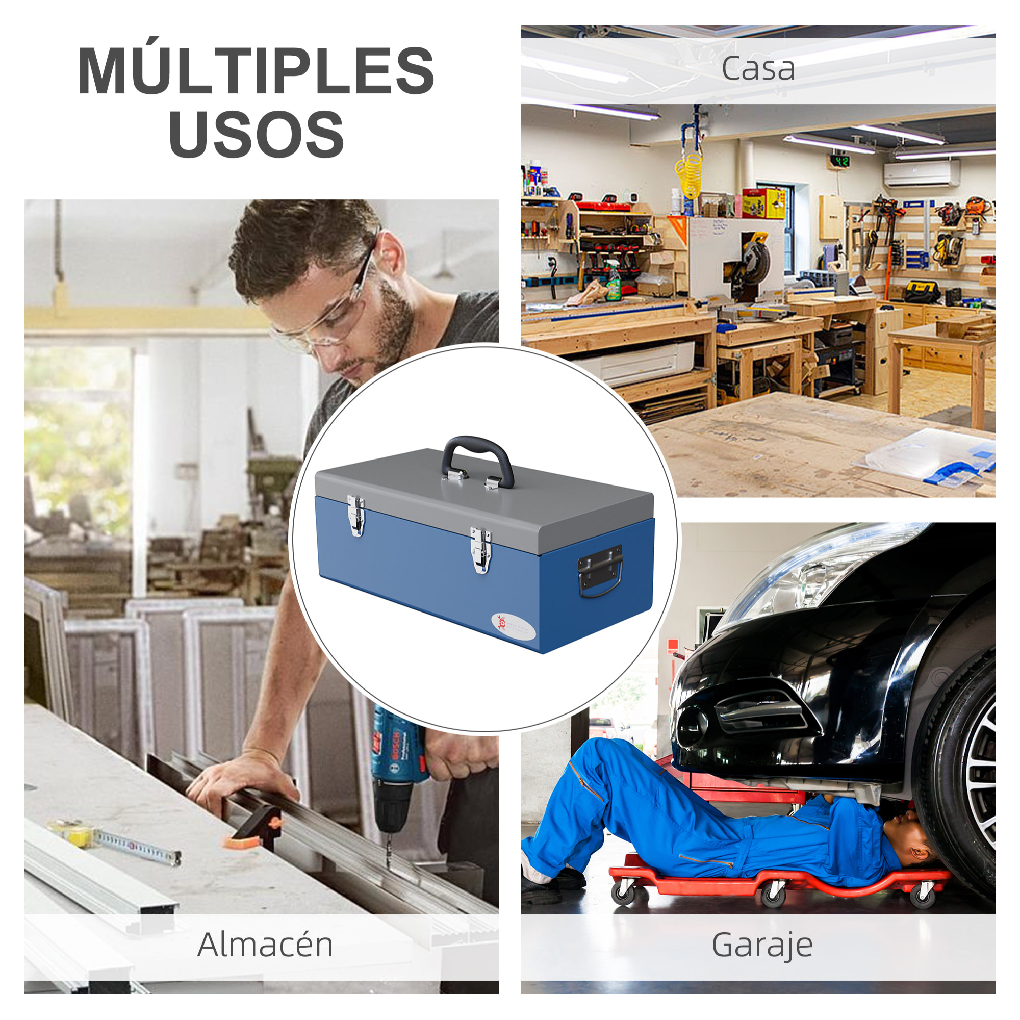 Caja de Herramientas Metálica Maletín de Herramientas 50x26x18,5 cm con Asas de Transporte Carga 20 kg Gris y Azul