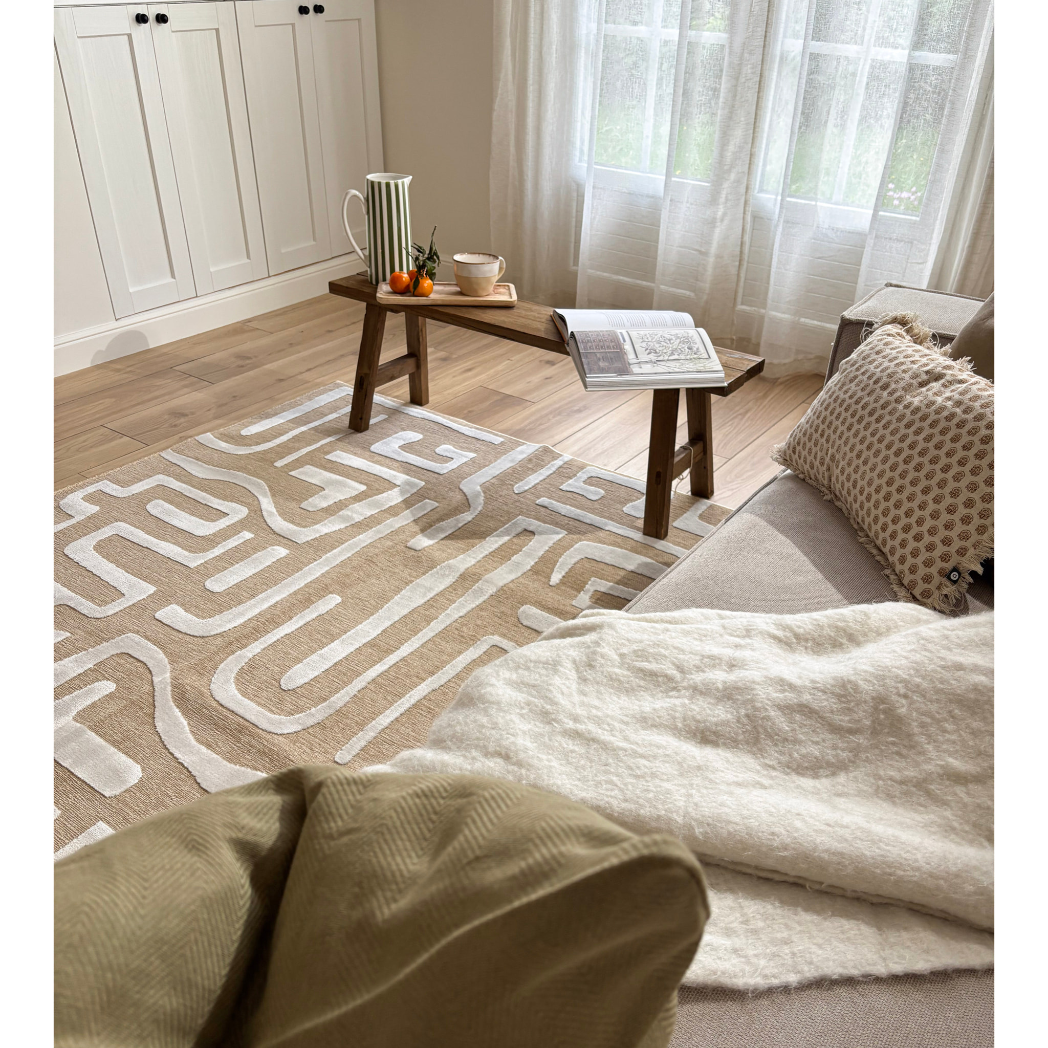 GARDEN - Tapis d'intérieur / extérieur à motif graphique beige, blanc