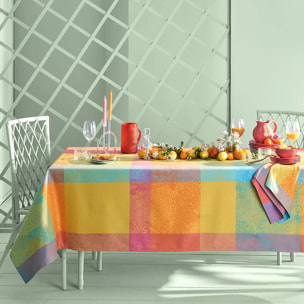 Nappe pur coton enduit motif jacquard bleu jaune orange Mille vagues exotique