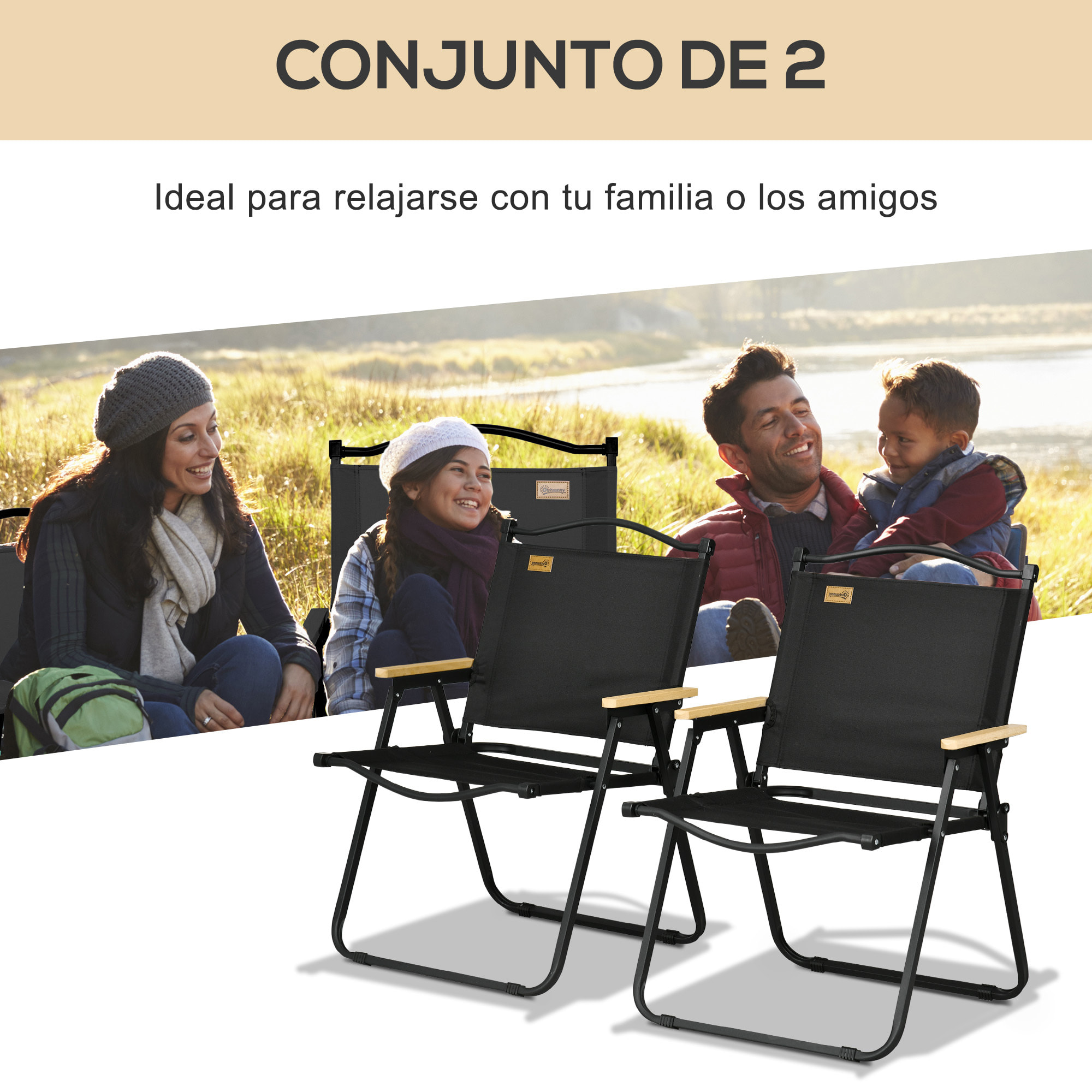 Pack de 2 Sillas Plegable de Camping Sillas de Camping Portátil con Reposabrazos y Estructura de Acero Silla para Pesca Jardín Terraza Negro