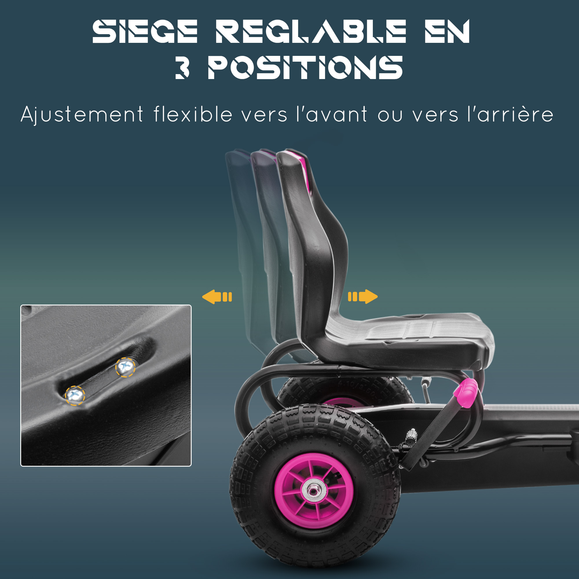 Kart à pédales enfant Go kart Formule 1 Racing Super Power 5 aileron avant pneus gonflables caoutchouc noir rose