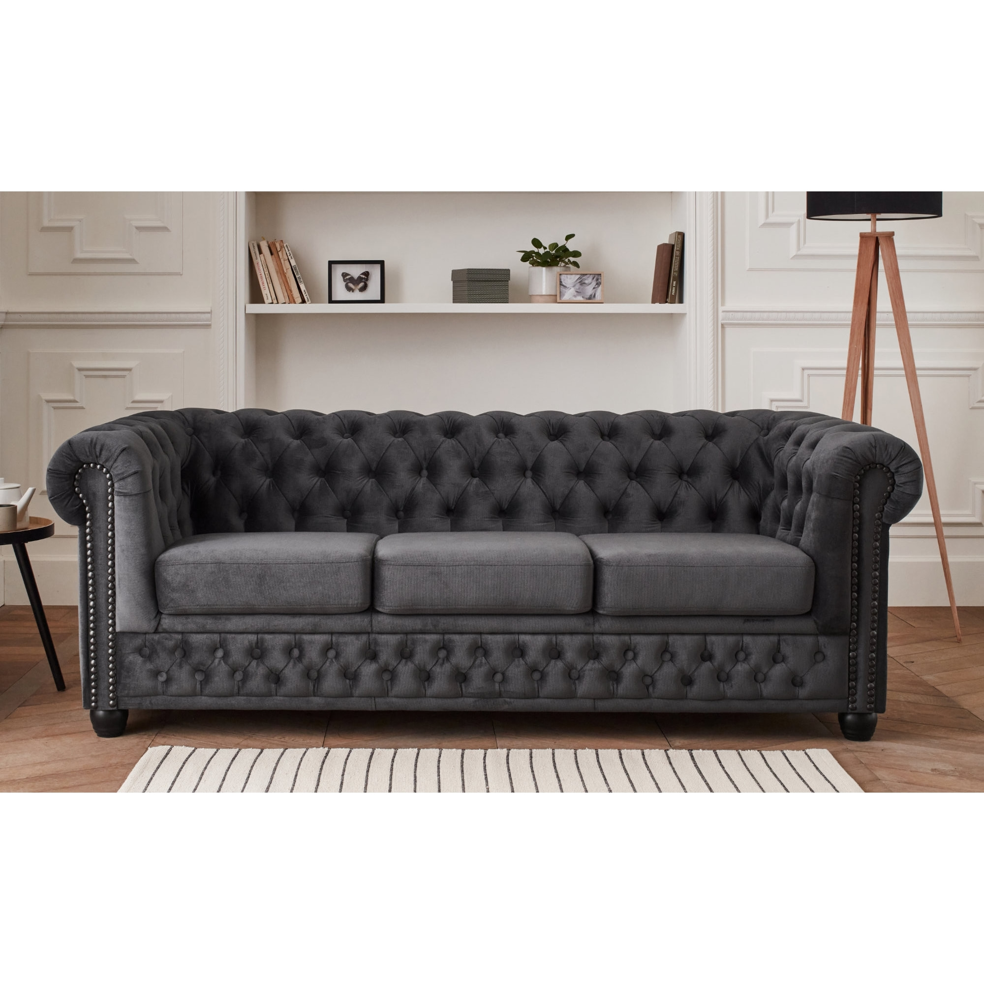 William - canapé Chesterfield - 3 places - en velours - Gris foncé