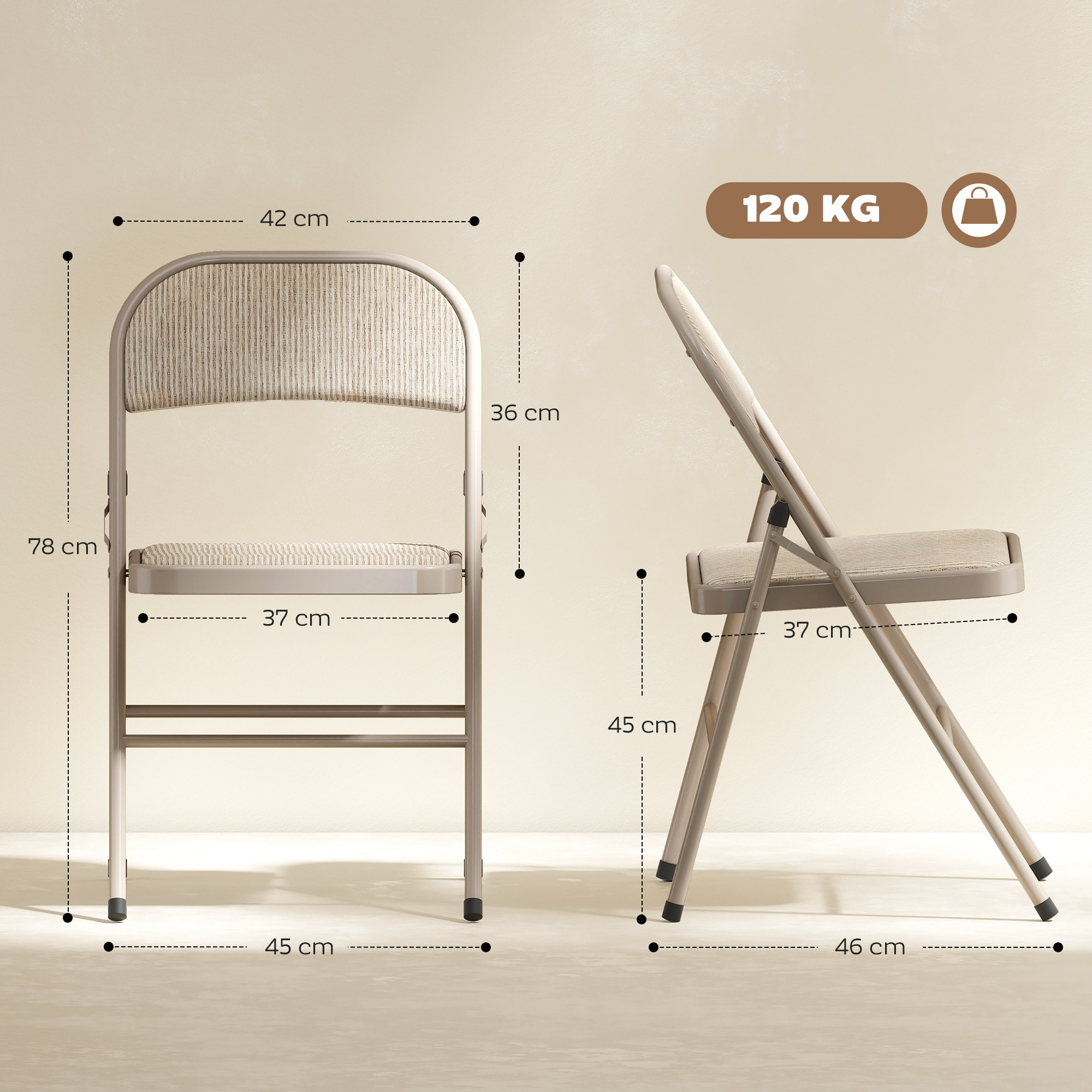 Juego de 2 Sillas Plegables Acolchadas con Respaldo y Estructura de Acero, para Salón, Comedor, Cocina, 45x46x78 cm, Beige