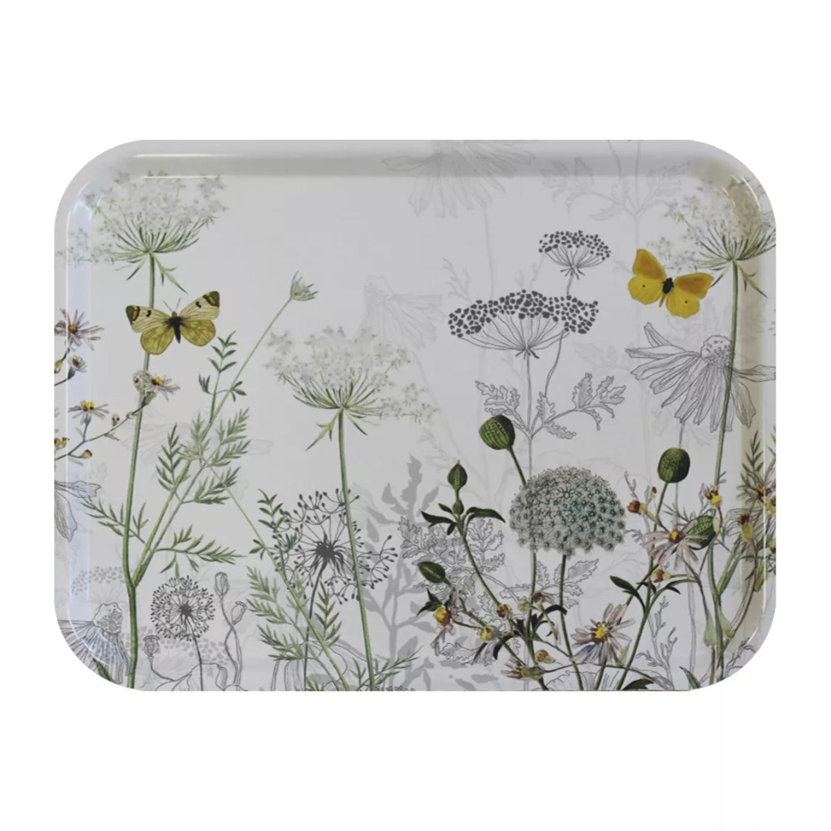 Plateau bois imprimé gris jaune Escapades magiques blanc