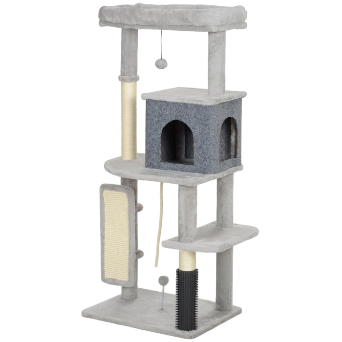 Arbre à chat design H.132cm bande massante griffoirs grattoirs nombreux jouets gris