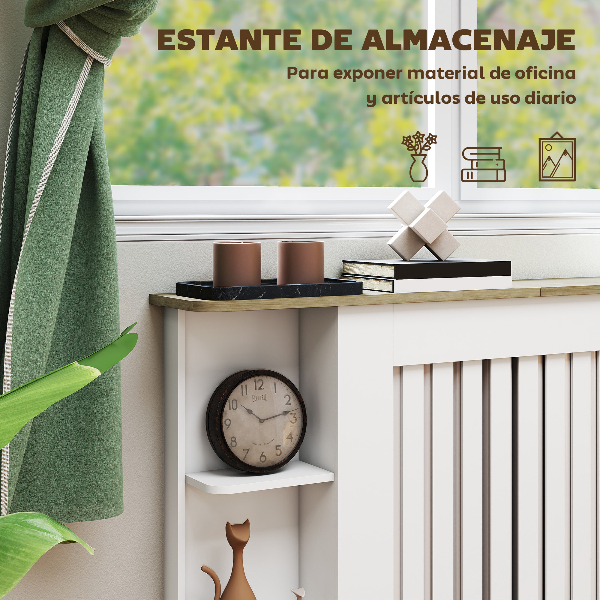 Cubre Radiadores con Estantes, Cubreradiador de MDF, Cubierta para Radiador, Diseño Moderno de Listones, para Salón, Dormitorio, 152x19x83 cm, Blanco