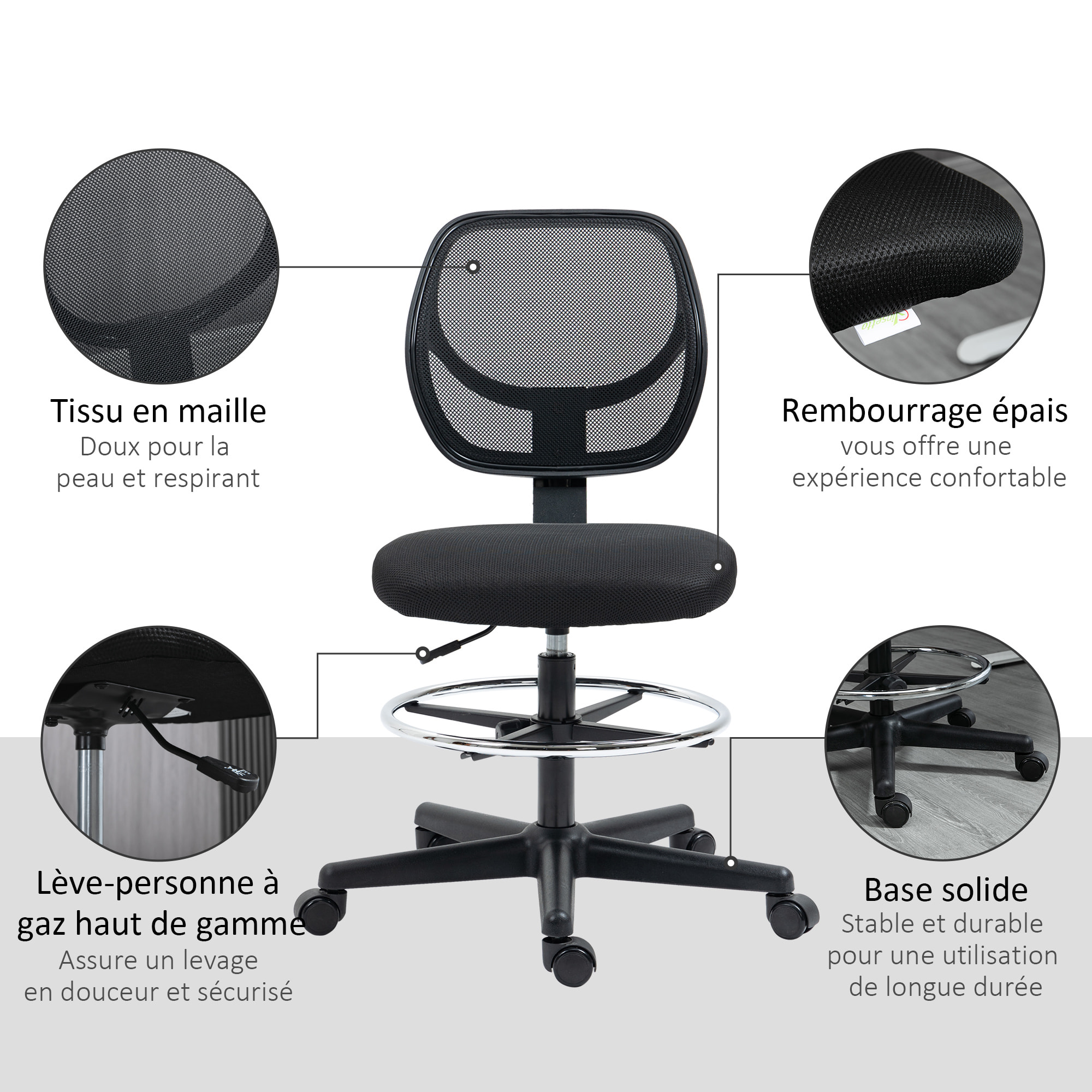 Chaise de bureau assise haute réglable dim. 59L x 61l x 93-113H cm pivotant 360° tissu maille respirante noir