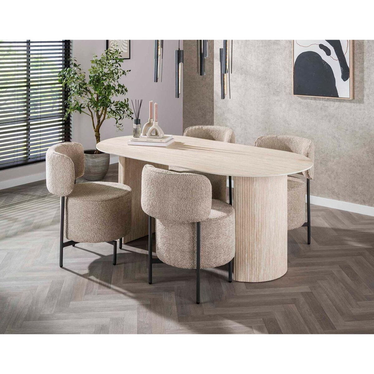 Maeva - table à manger - bois effet travertin - 6 personnes - Beige