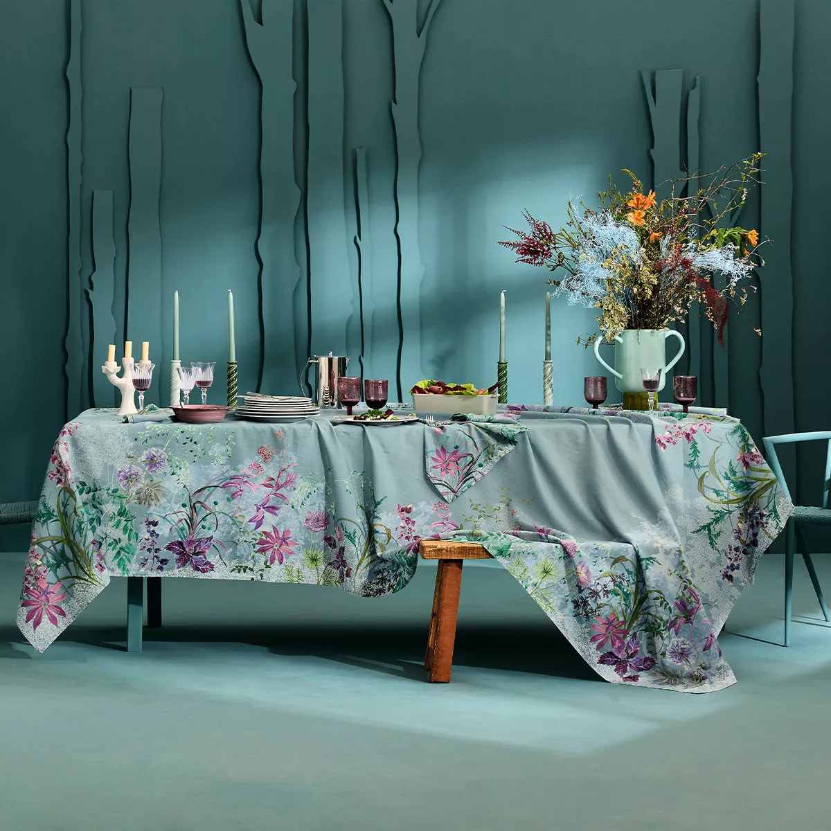 Nappe lin & coton lavé 150 g/m² imprimé bleu violet Ombres boisees givre