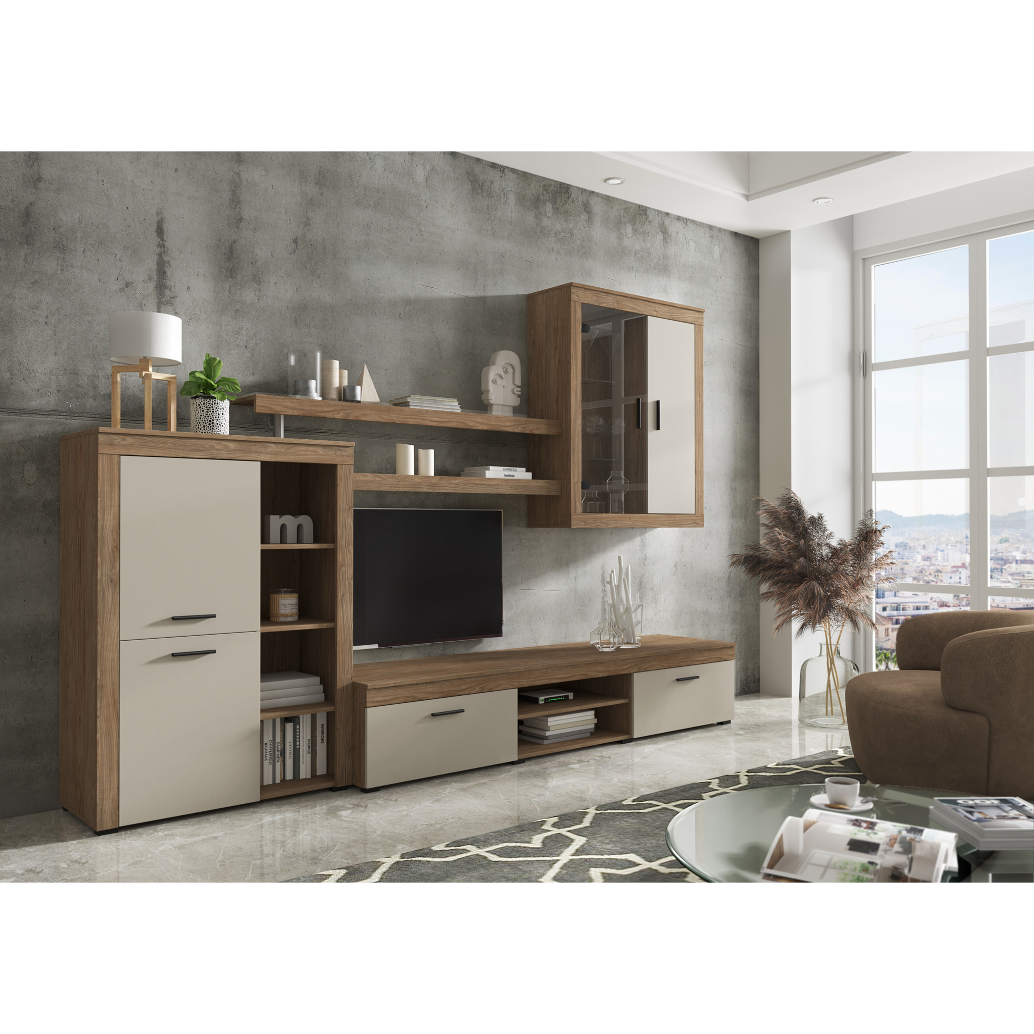 Parete Attrezzata Da Soggiorno Salotto Moderna Con Ante Mensole Vani A Giorno Vetrinetta Mobile TV Design Moderno 293x193x50 Cm Bianco Rovere Scuro