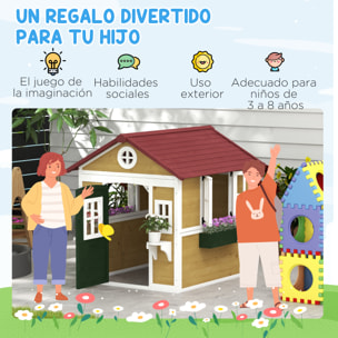 Casa de Jardín Infantil Casa de Madera para Niños con Puerta Ventanas Jardineras y Soportes de Flores 114x126,4x135 cm Madera Natural