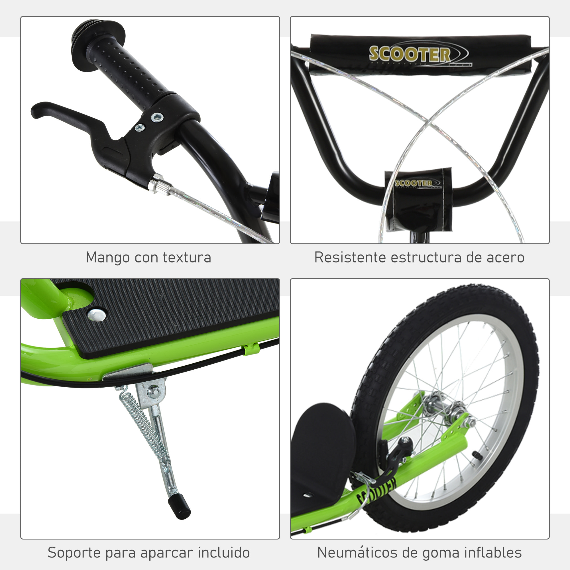 Patinete para Niños +5 Años, Patinete Infantil de 2 Ruedas, con Manillar Ajustable en Altura, 2 Neumáticos de Caucho Inflable, Doble Freno, Carga 100 kg, 139x58x90-96 cm, Verde Flourescente
