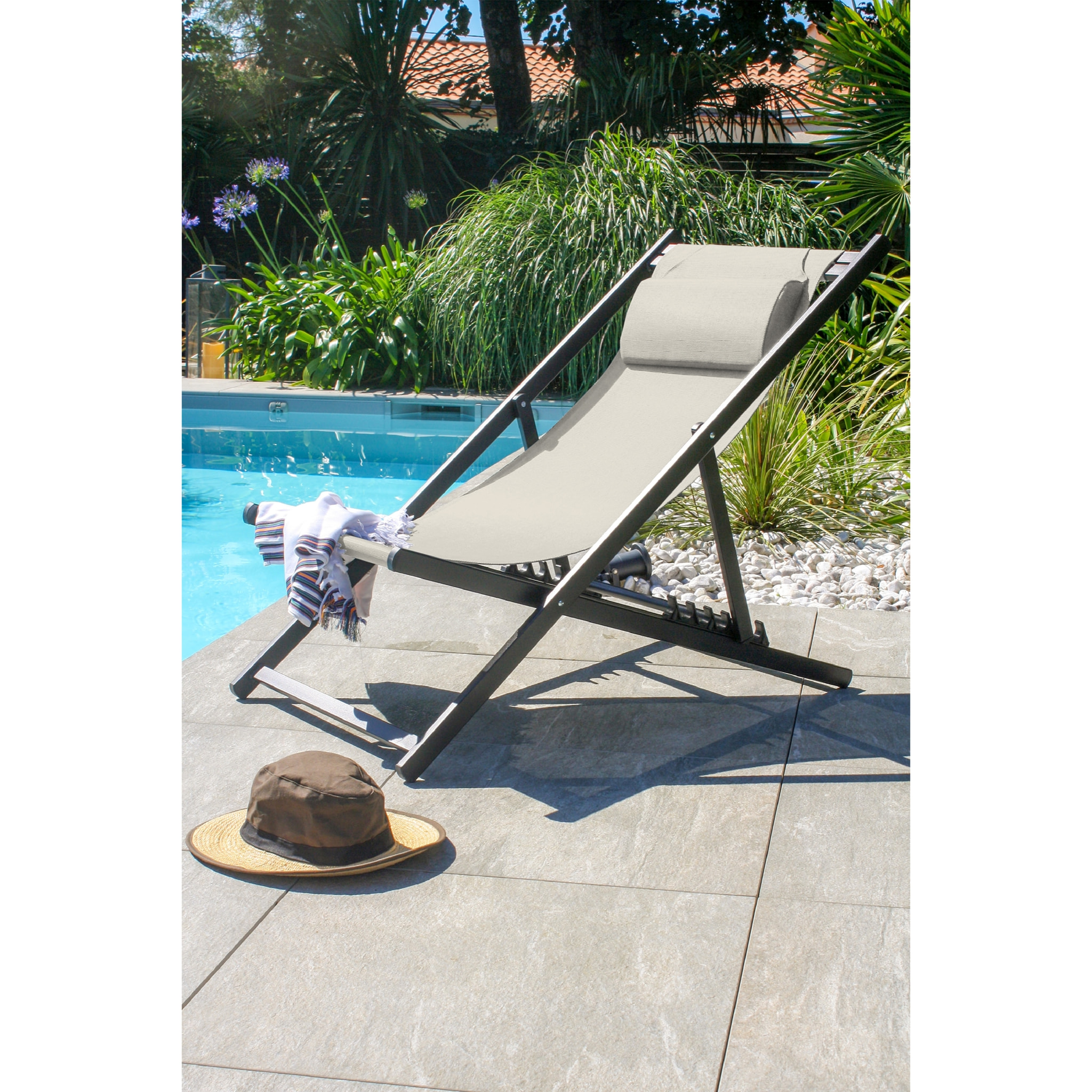 JULIA - Chilienne de jardin en toile plastifiée grise et aluminium anthracite