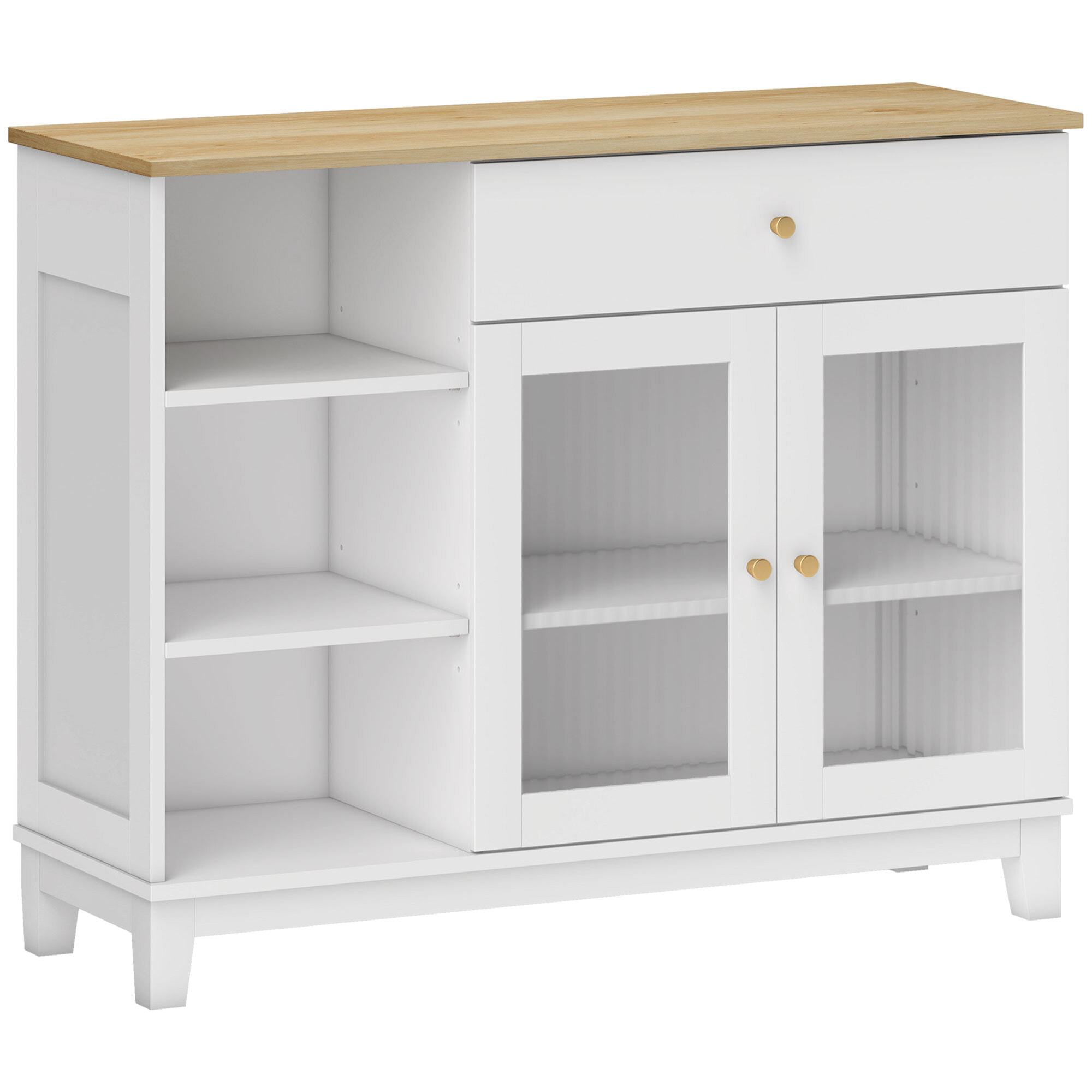 Buffet 2 portes verre effet cannelé étagère tiroir 3 niches dim. 100 x 35 x 80,3 cm blanc effet bois clair