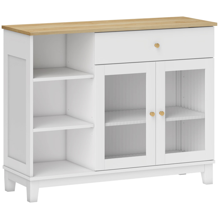 Buffet 2 portes verre effet cannelé étagère tiroir 3 niches dim. 100 x 35 x 80,3 cm blanc effet bois clair