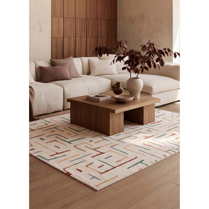 BERUTI Alfombra geométrica en beige y trazos multicolor, varias medidas disponibles
