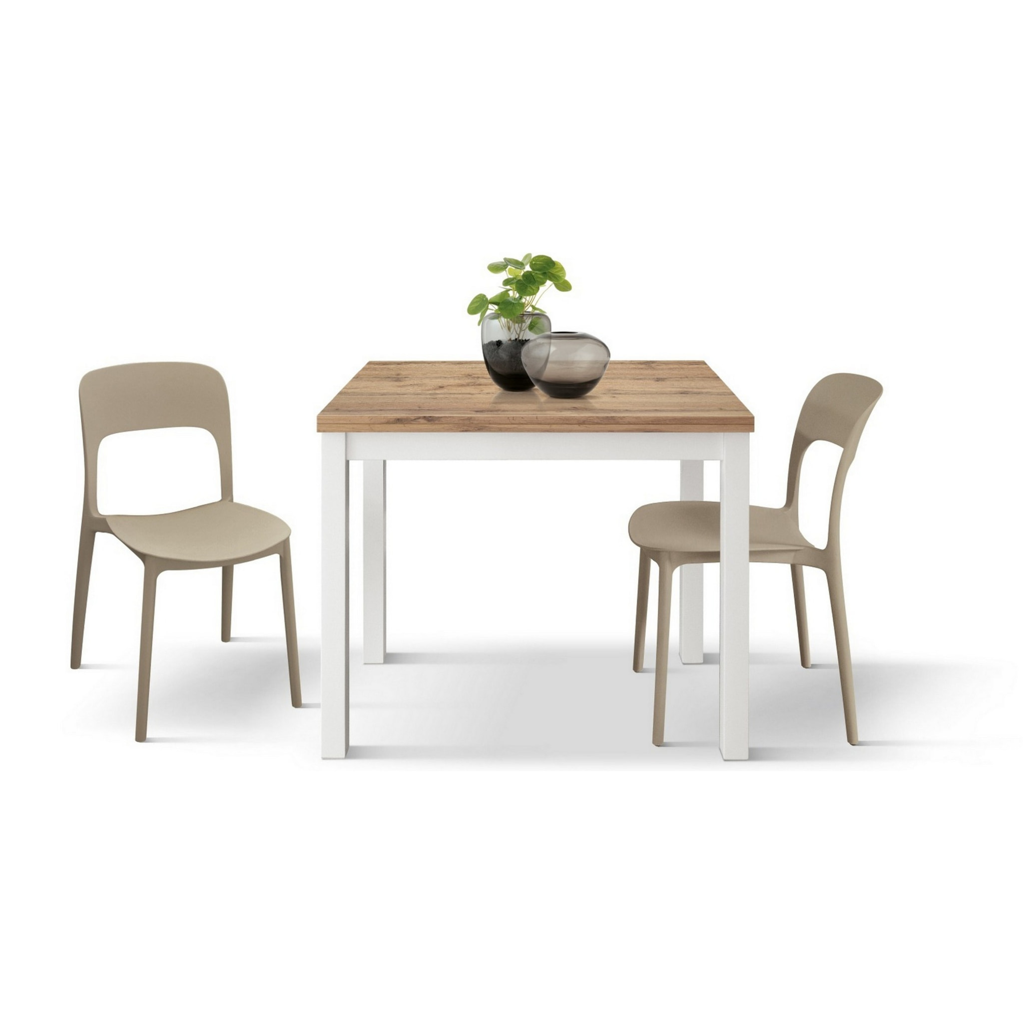 Tavolo POSITANO in legno effetto rovere e gambe bianche, allungabile a libro 90x90 cm - 180x90 cm