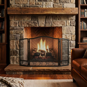 Salvachispas para Chimenea Plegable de 3 Paneles con Diseño Floral, Protector de Chimenea de Metal, Resistente al Calor, para Hogar, 107x60 cm, Negro