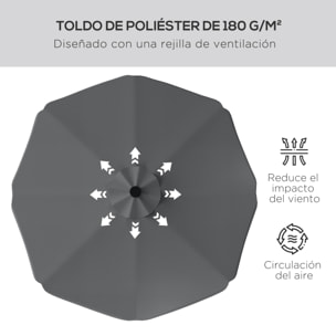 Sombrilla de Jardín Ø292x254 cm Parasol de Terraza Manual con 32 Luces LED Solares 8 Varillas Ángulo Ajustable Impermeable y Rejillas de Ventilación para Patio Balcón Gris Oscuro