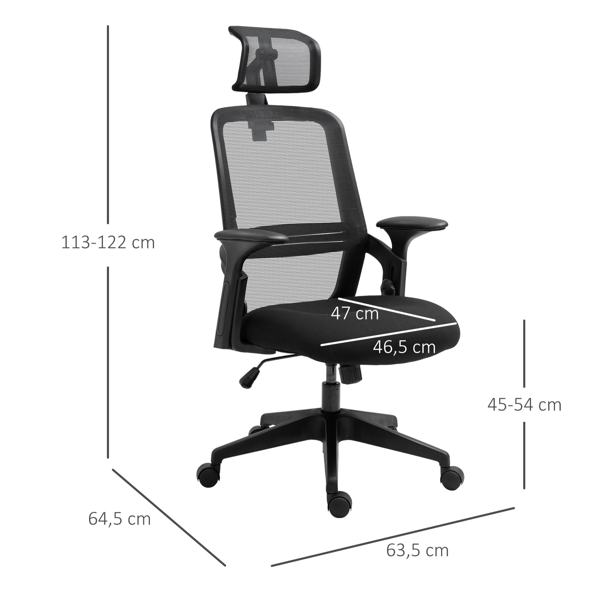 Vinsetto Silla de Oficina Ergonómica Silla Escritorio Giratoria con Altura Ajustable Reposacabezas Soporte Lumbar Regulables y Respaldo Transpirable 63,5x64,5x113-122 cm Negro