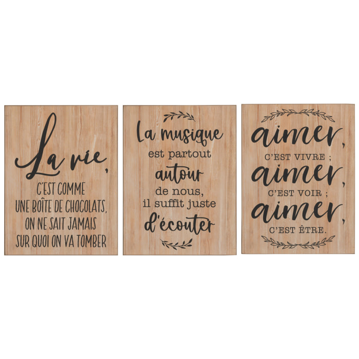 J-Line Pancarte Verticale Texte Noir Francais Bois Naturel Assortiment De 3