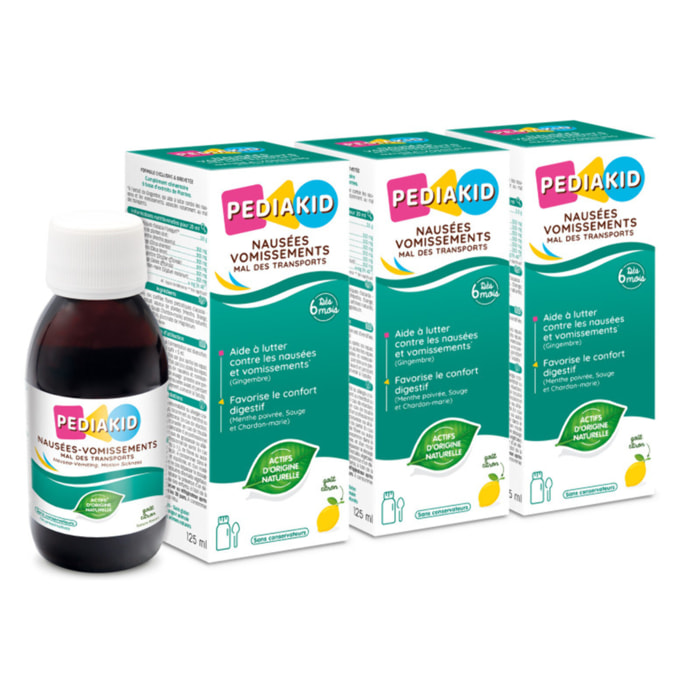 PEDIAKID - Sirop Nausées-vomissements mal des transports - Complément alimentaire à base de plantes - Confort digestif - Contre les nausées & vomissements - Goût citron - Lot de 3 Flacons de 125 ml