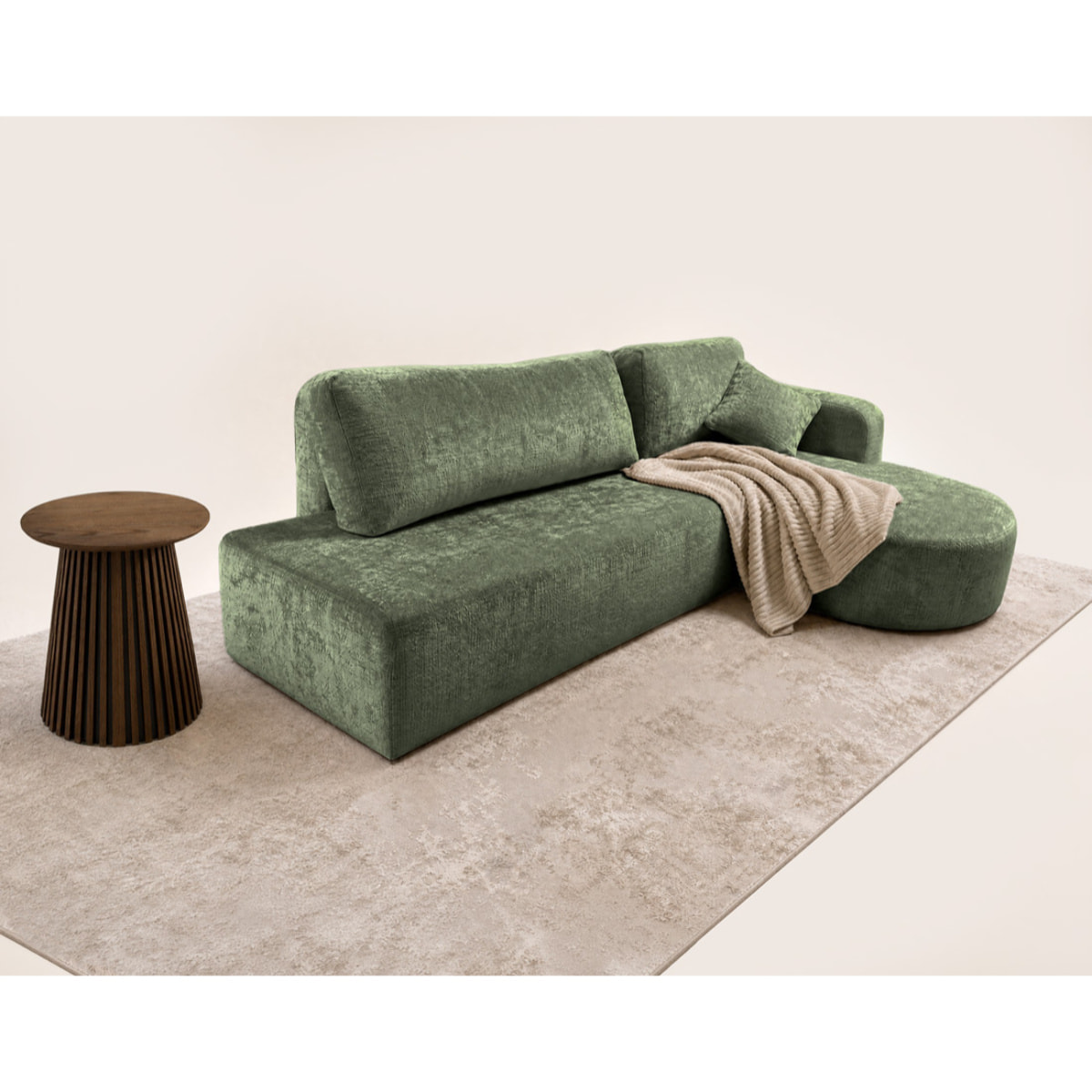 Miro - Canapé d'angle droit 4 places convertible avec coffre en velours texturé - Vert sauge