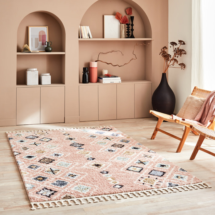 Delya - tapis shaggy salon berbère coloré en laine artificielle, rose