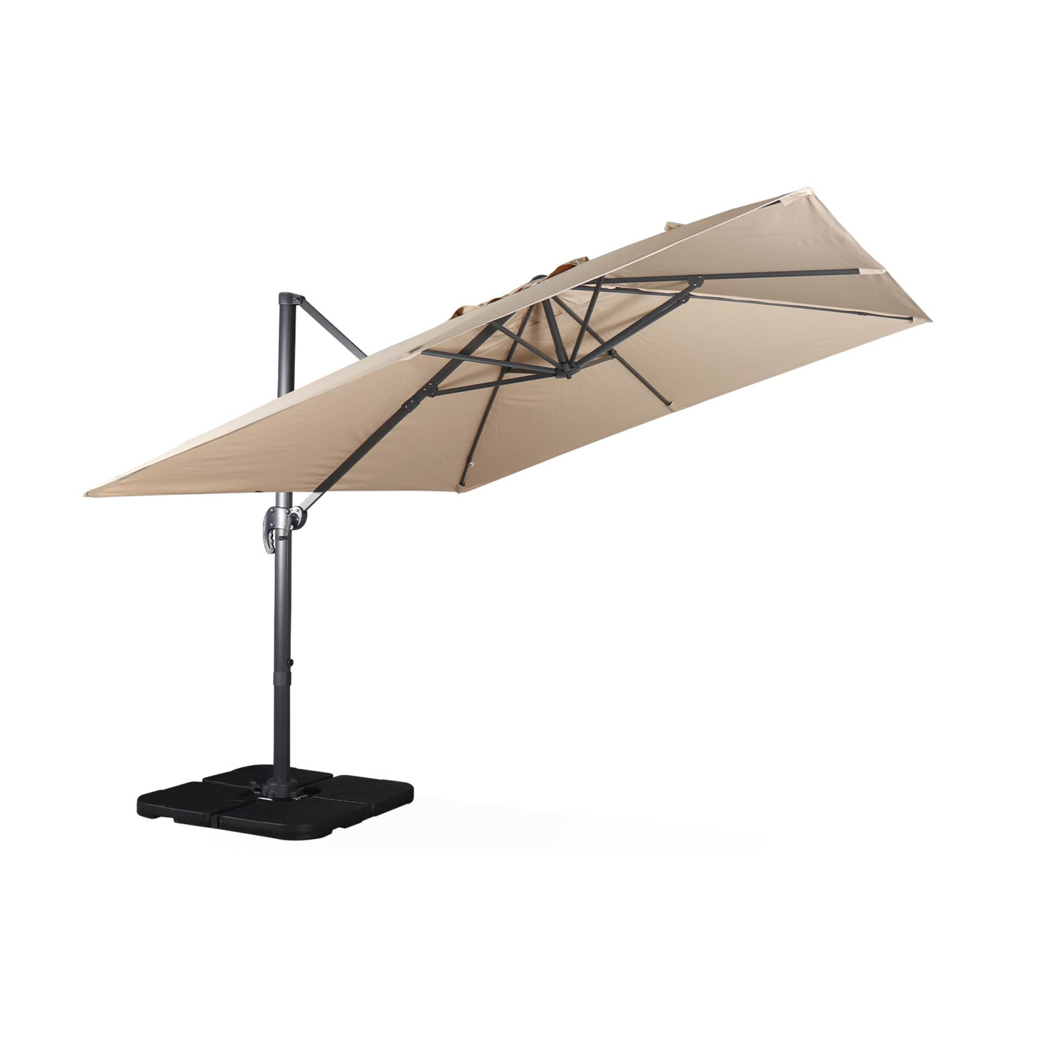Parasol déporté carré beige 3x3m structure grise + Lot de 4 dalles à lester 50x50cm