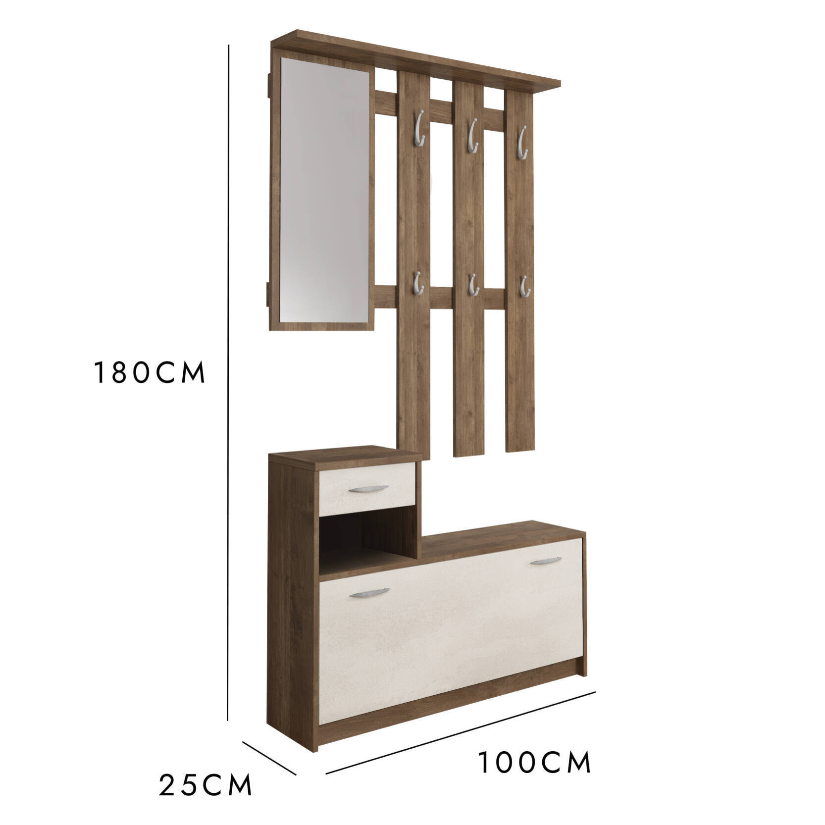 Mobile da ingresso Clint, Entratina moderna con specchio, Mobile con scarpiera, Armadietto multifunzione, 100x25h180 cm, Bianco e Quercia