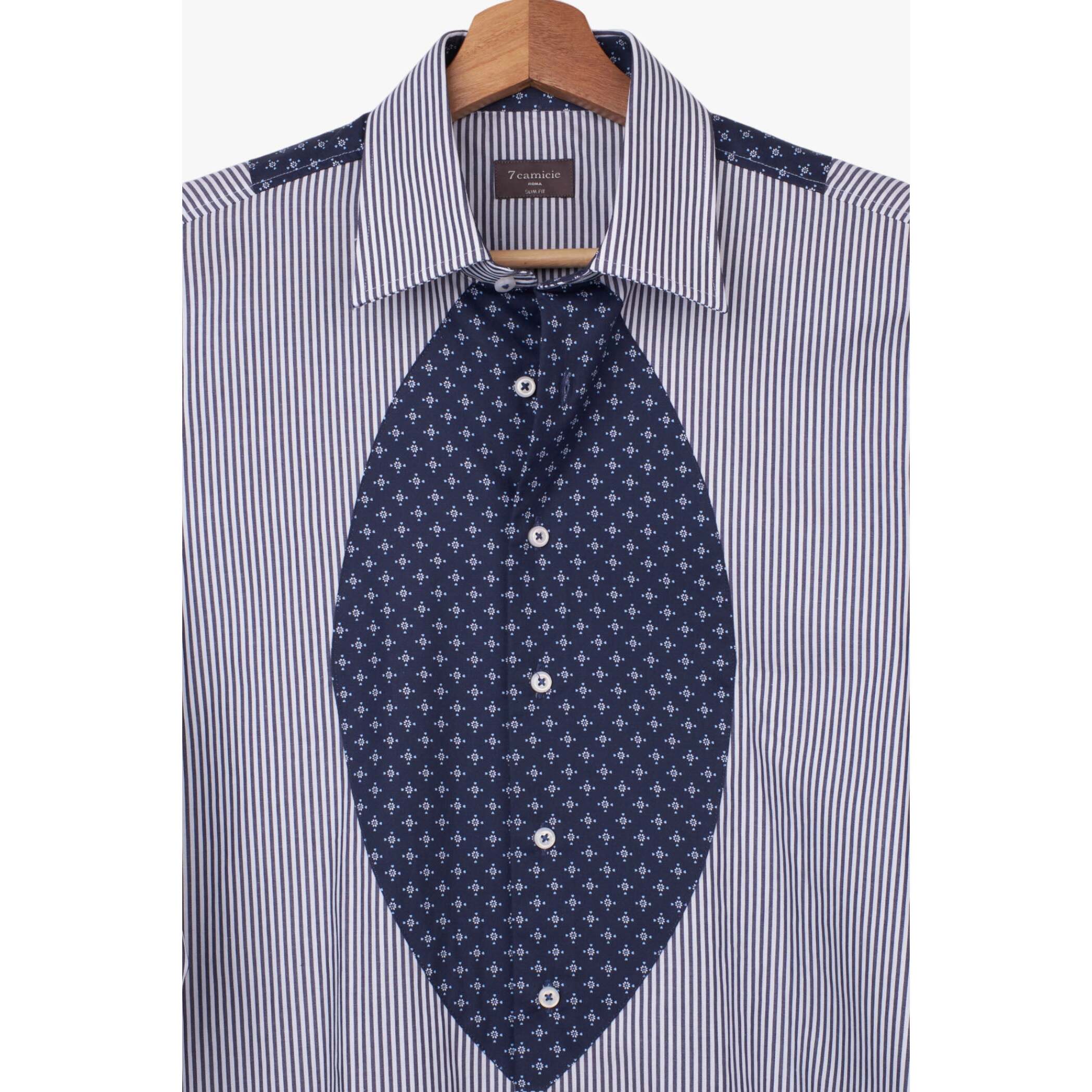 Camicia Uomo Bottone Italiano Slim Popeline Riga Larga Bianco e Blu
