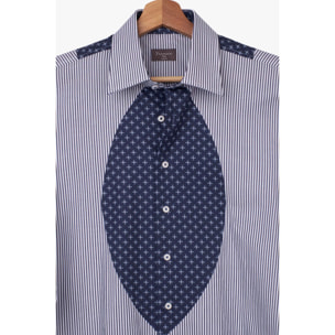 Camicia Uomo Bottone Italiano Slim Popeline Riga Larga Bianco e Blu