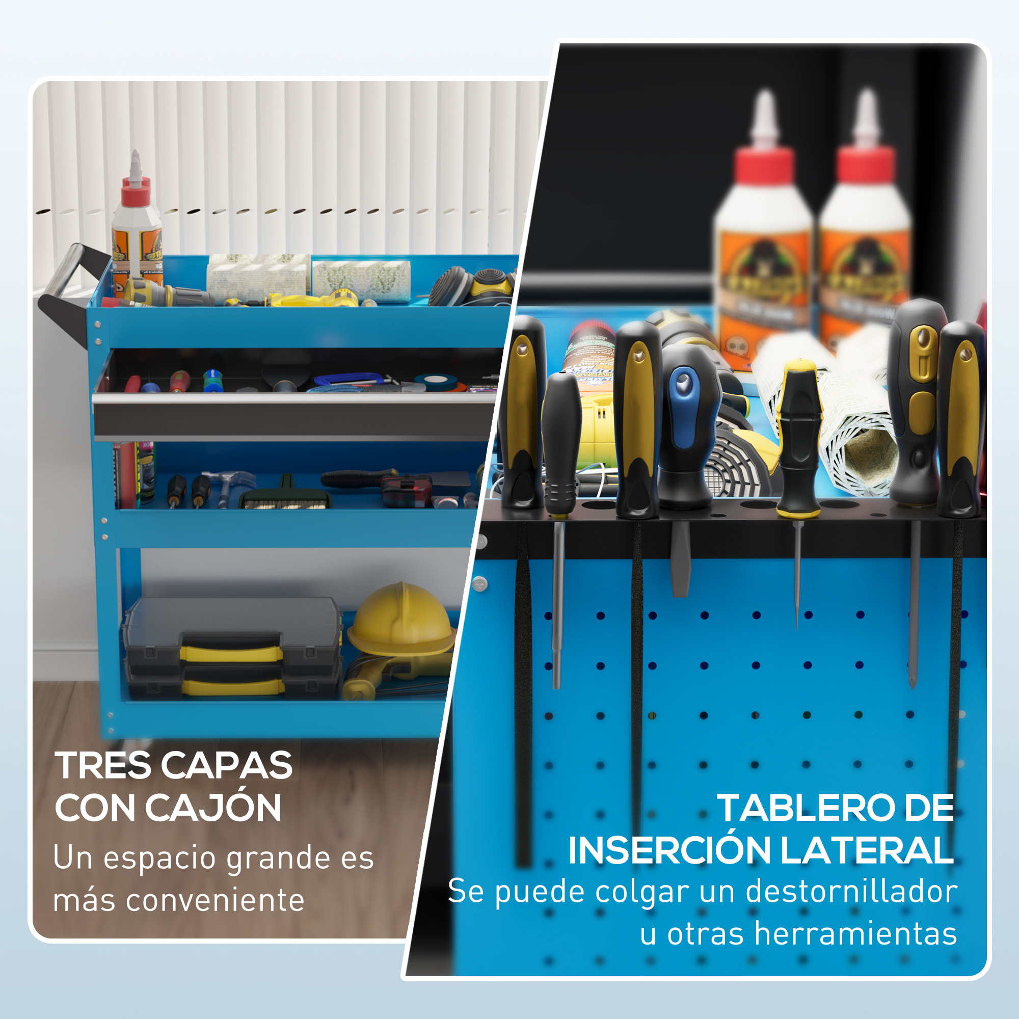 Carro de Taller, Carro de Herramientas con 3 Bandejas, Cajón, Panel Lateral Perforado, Asa Lateral, Ruedas con Frenos, para Garaje Mecánico, Hogar, Azul